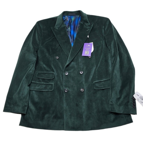 Tayion Velvet Double Breasted Blazer Mens 44R 44 Forest Green Stretch $360 NEW